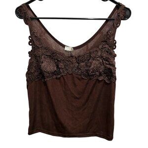 Fashque Womens Brown Sleeveless Floral Embroidered Top
